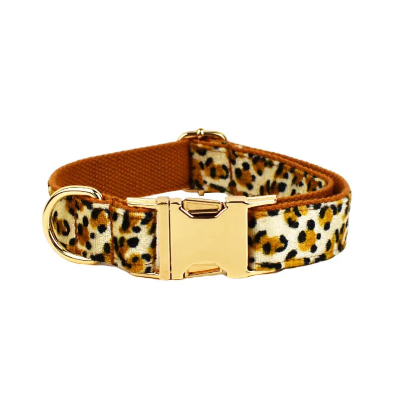 New Arrival Customized Designer Logo Leopard Print on Brown Base Soft Cotton Dog Collar Leashes Harness Poo Bag Holder Animal 01