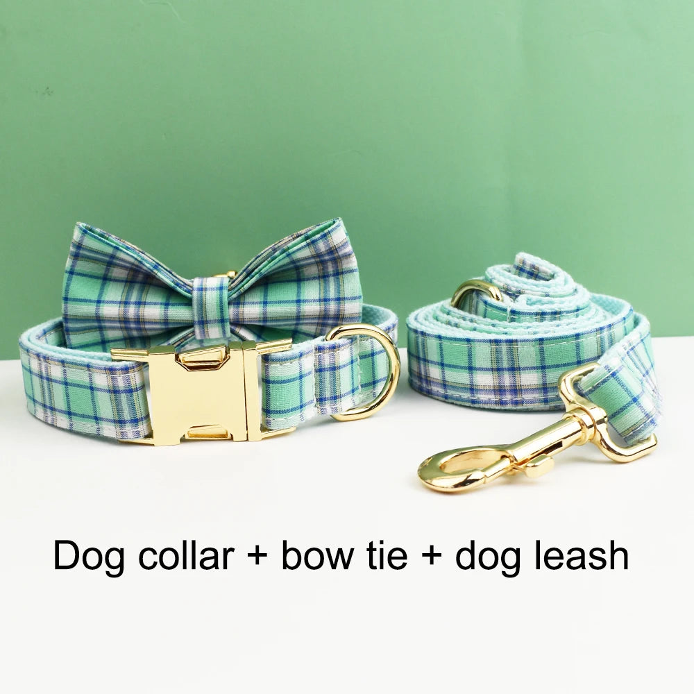 Water Green Plaid Dog Collar, Leash, and Harness Set