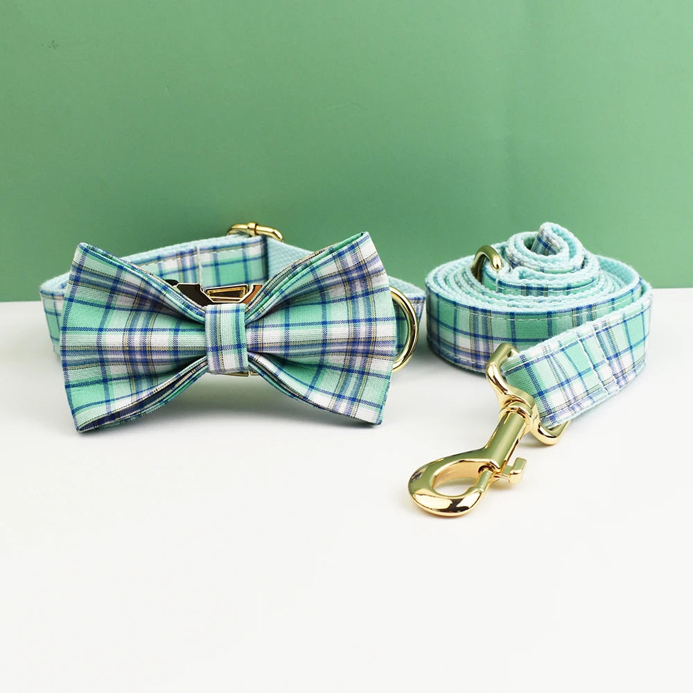 Water Green Plaid Dog Collar, Leash, and Harness Set