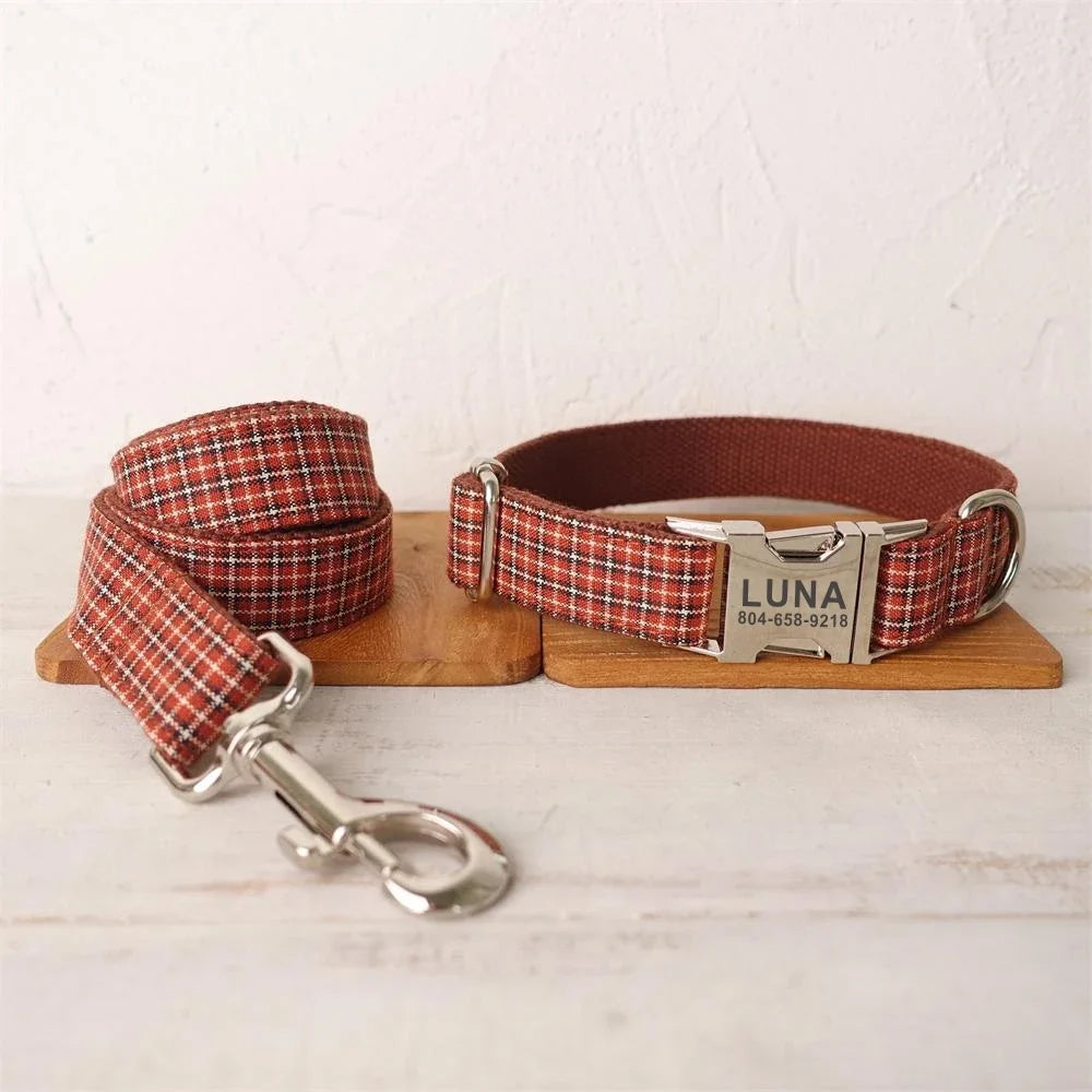 Red Brown Plaid Dog Collar & Leash Set