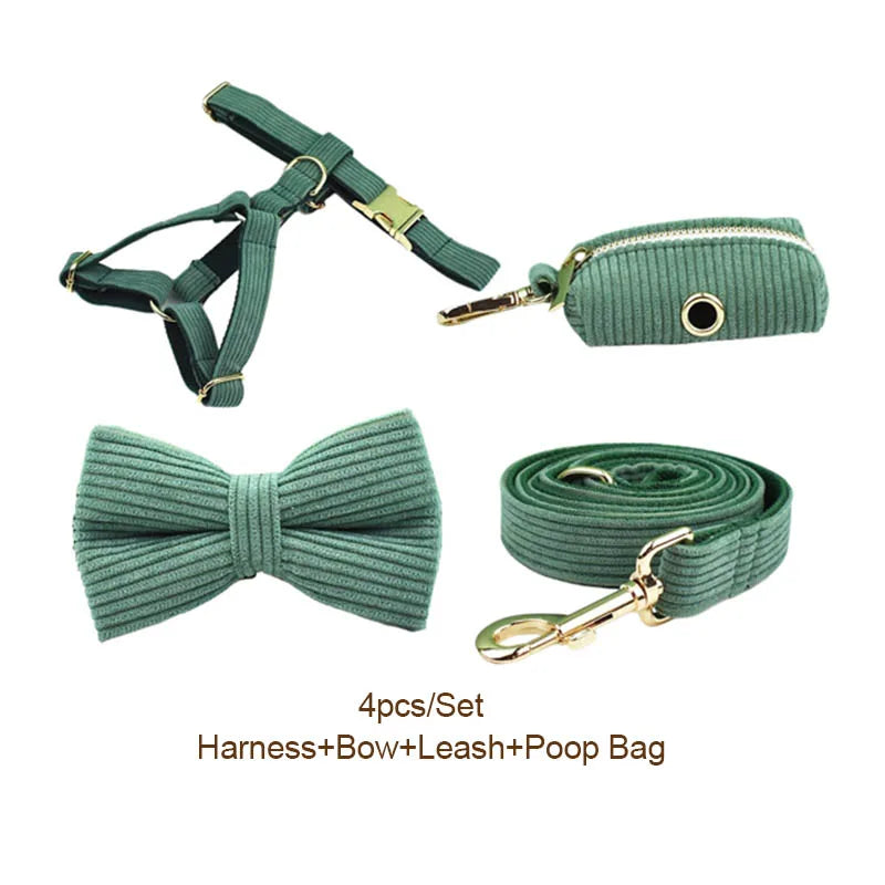 Dark Green Corduroy Dog Collar And Leash Set For Dogs Custom Engraved Nameplate Pet Supplies Dog Leash Corduroy04