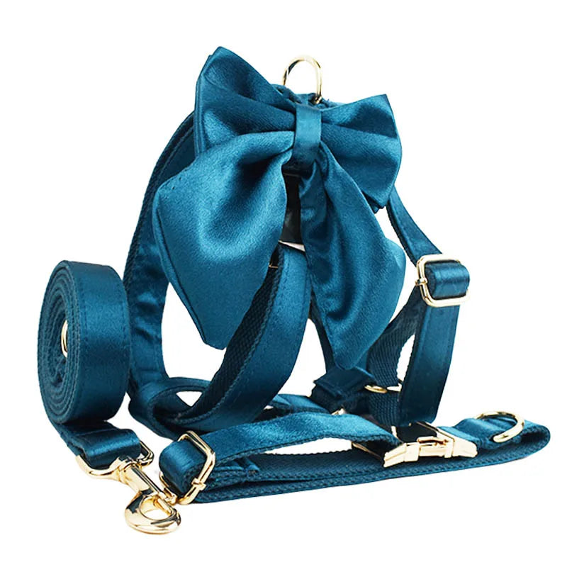 Personalized Collar Harness for Dog Custom Engraved Name Collar Bow tie Puppy Leash Lead Soft Harness for Small Medium Big Dog