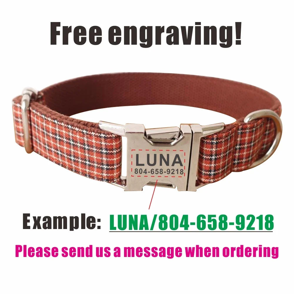 Personalized Dog Collar Custom Pet Collar Free Engraving ID Name Tag Pet Accessory Red Brown Plaid Puppy Collar Leash