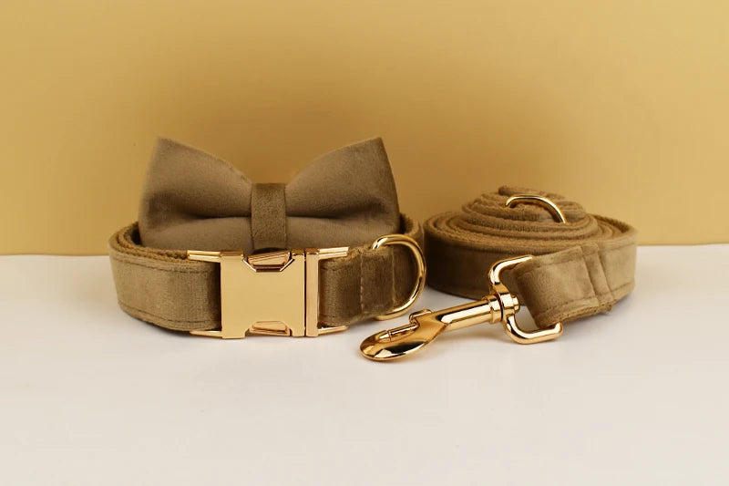 Shallow khaki Velvet Dog Collar And Leash Set For Dogs Custom Engraved Nameplate Pet Supplies Dog Leash Velvet 19