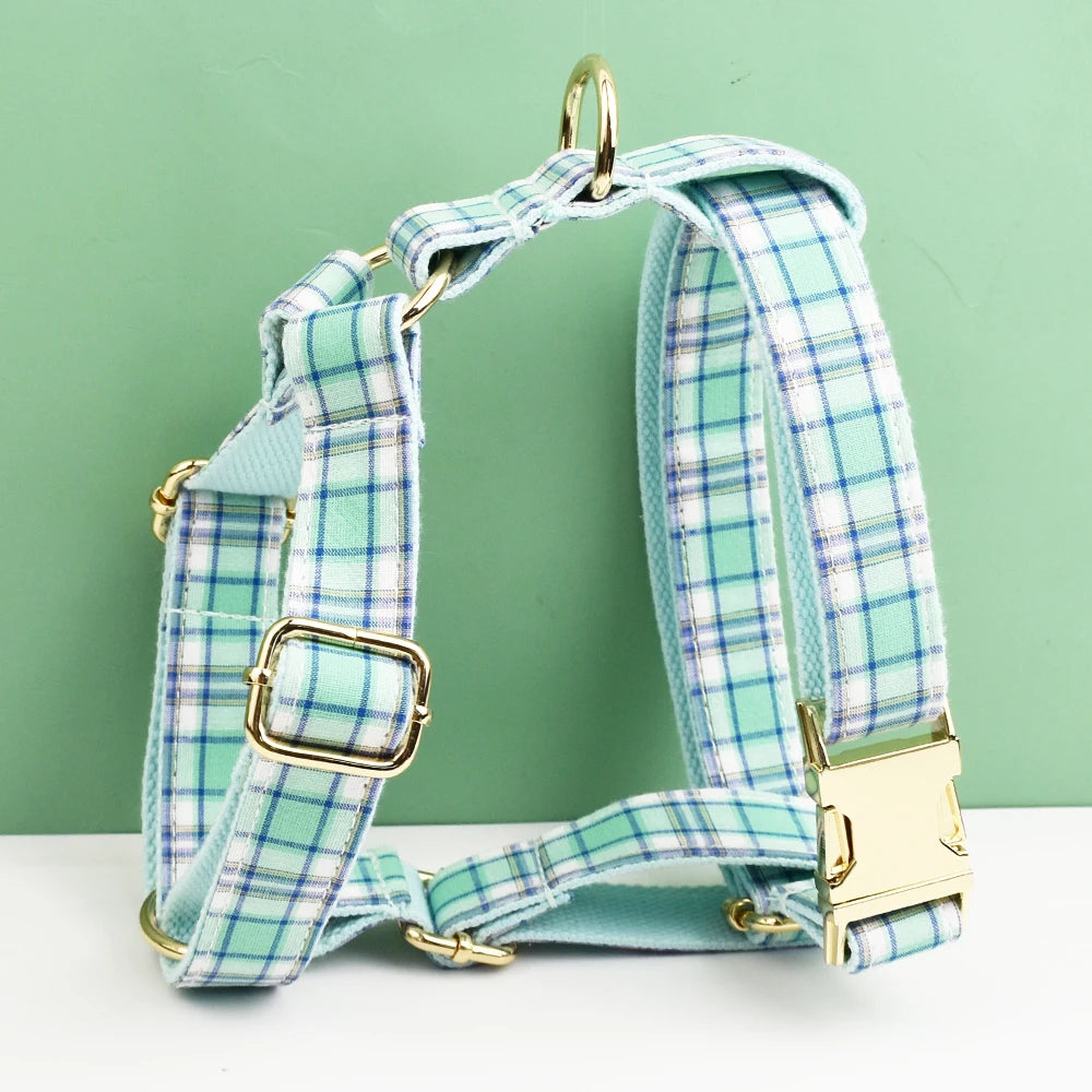 Water Green Plaid Dog Collar, Leash, and Harness Set