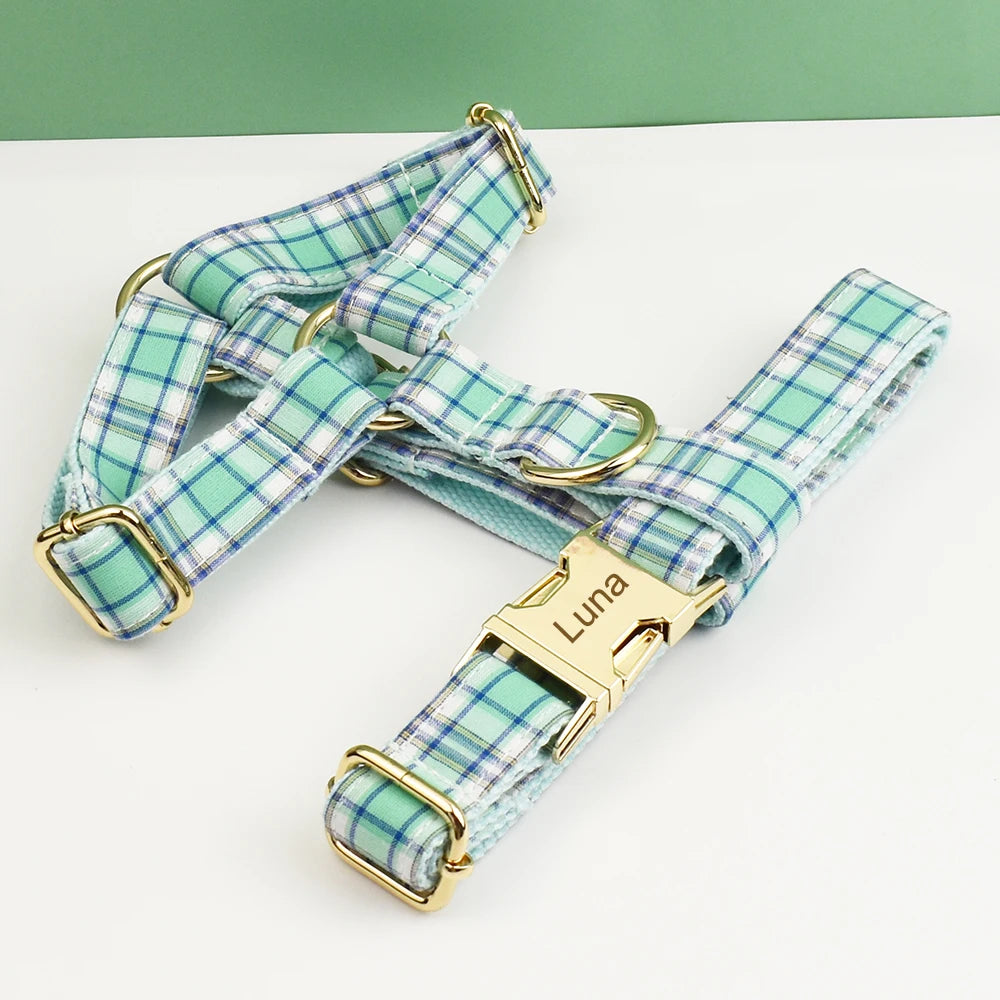 Water Green Plaid Dog Collar, Leash, and Harness Set