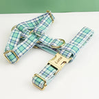 Lake Water Green Plaid Dog Collar And Dog Leash and Harness with Custom Engraved Nameplate Personalized Pet Supplies for Dogs