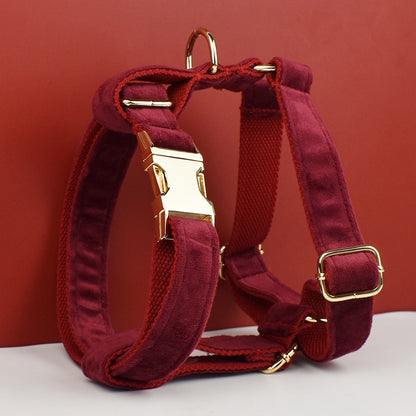 Red Wine Velvet Harness, Collar, and Leash Set