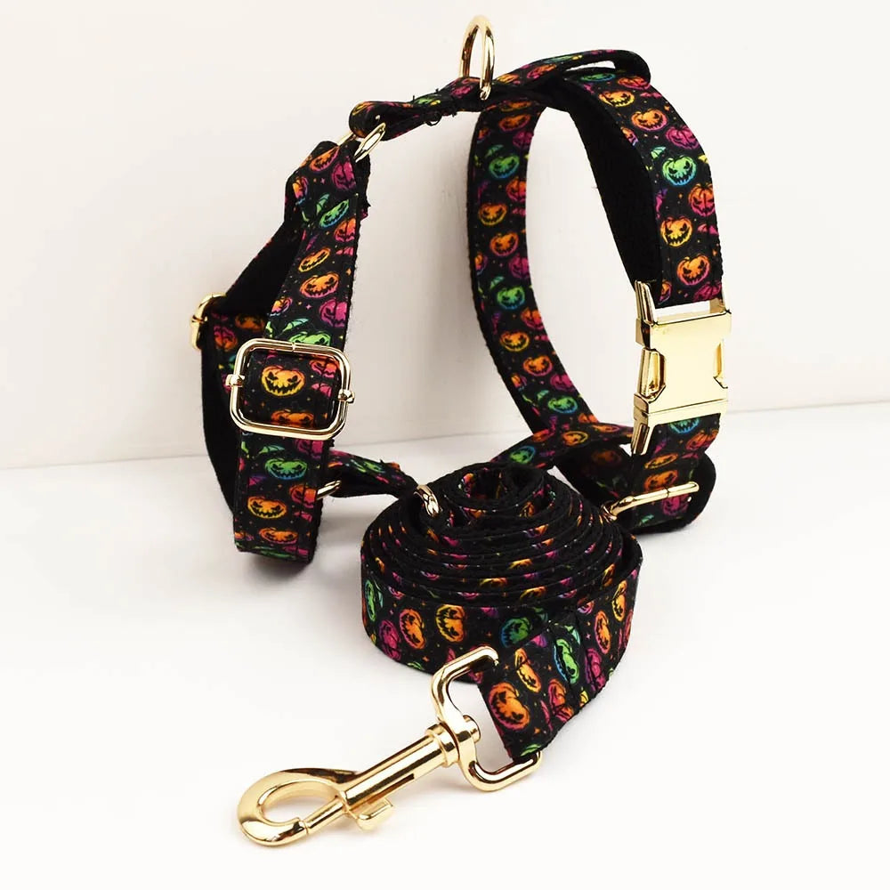 New Halloween Colorful Pumpkin Pet Dog Collar Adjustable Harness Neck Ring Bowknot Engravable Set for Small and Medium Dogs