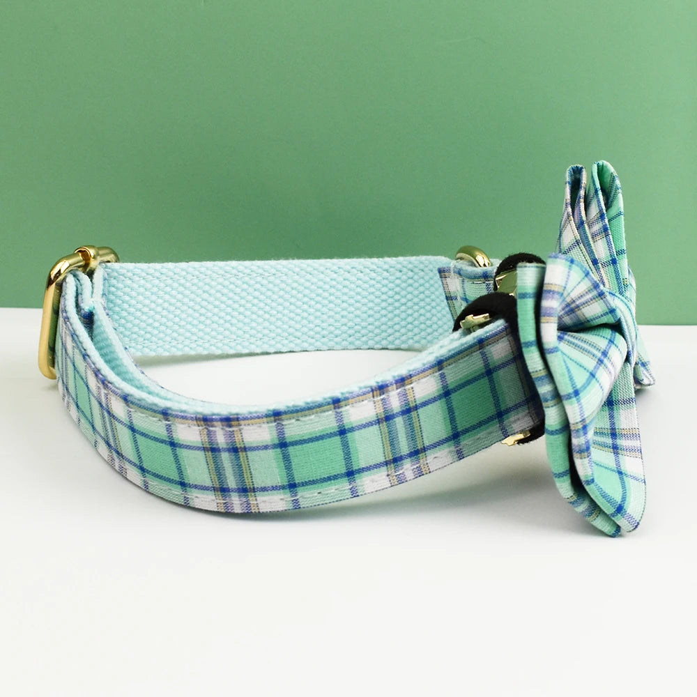 Water Green Plaid Dog Collar, Leash, and Harness Set