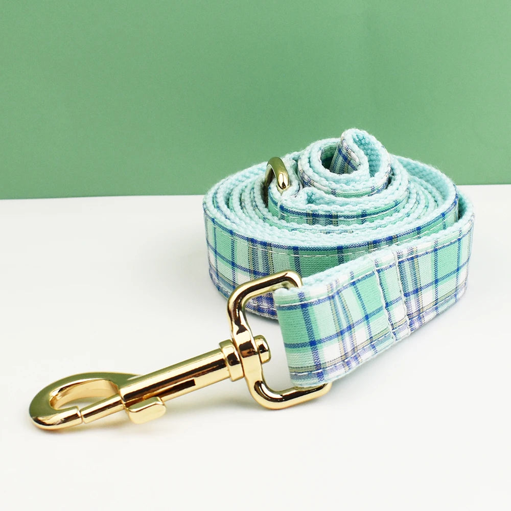 Water Green Plaid Dog Collar, Leash, and Harness Set