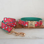 Personalized Dog Collar with Free Engraving, Matching Pet Leash,Customzied Contacts Metal Buckle,Christmas Cartoon Puppy Collar