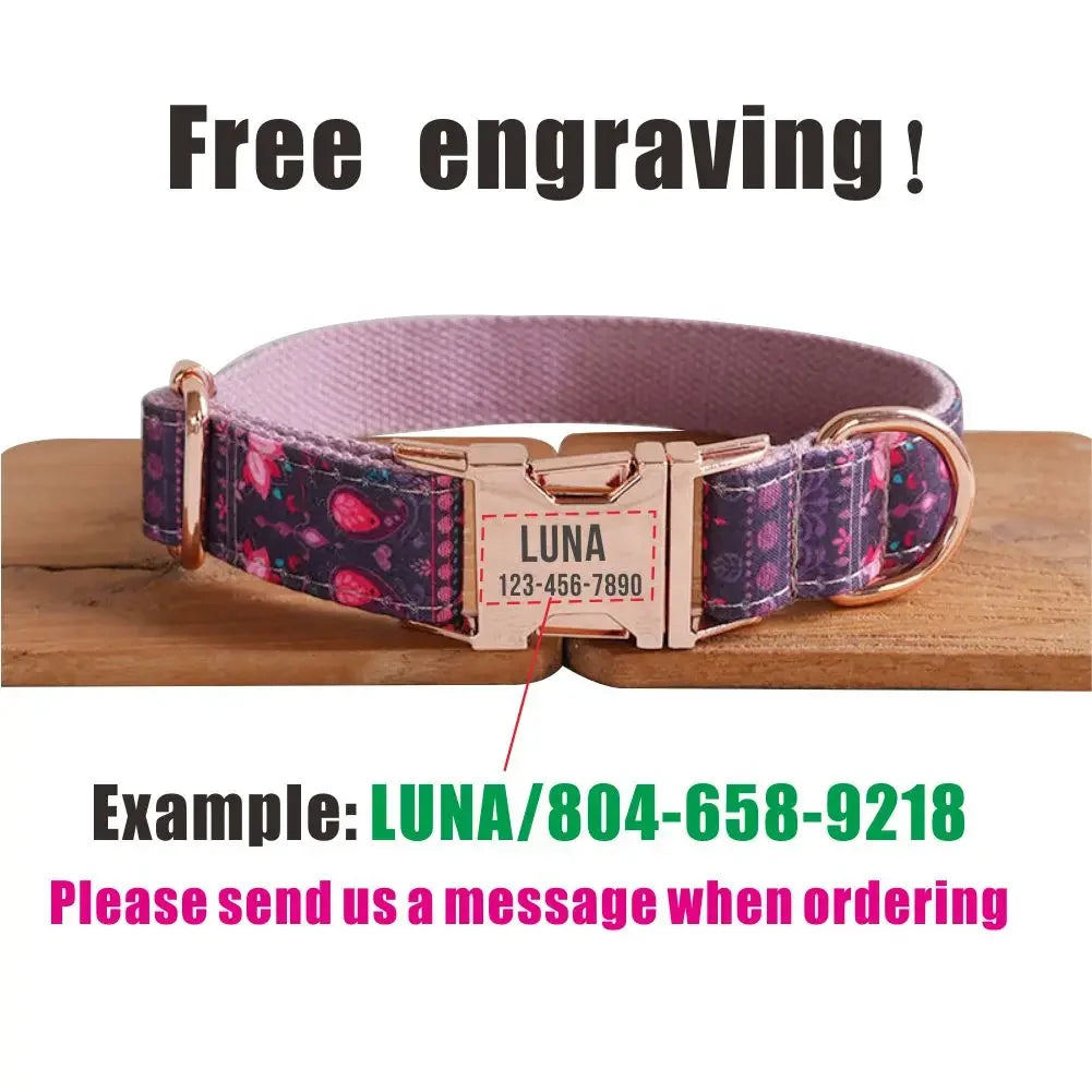 Personalized Dog Collar with Free Engraving, Matching Pet Leash,Customzied Contacts Metal Buckle, Purple Lotus Pet Collar