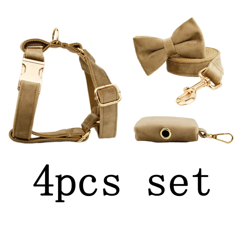 Shallow khaki Velvet Dog Collar And Leash Set For Dogs Custom Engraved Nameplate Pet Supplies Dog Leash Velvet 19