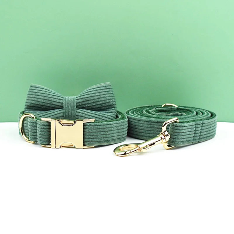 Dark Green Corduroy Dog Collar And Leash Set For Dogs Custom Engraved Nameplate Pet Supplies Dog Leash Corduroy04