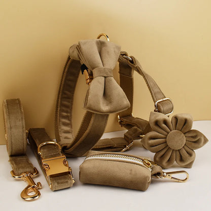Khaki Velvet Dog Collar & Leash Set
