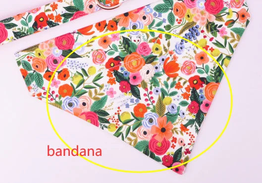Classical Floral Dog Harness, Collar Flower Matching leash, Bandana, Shampoo Bag with Personalized Name, Telphone