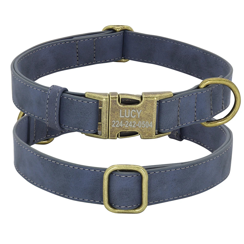 PU Leather Dog Collar with Engraved ID Tag