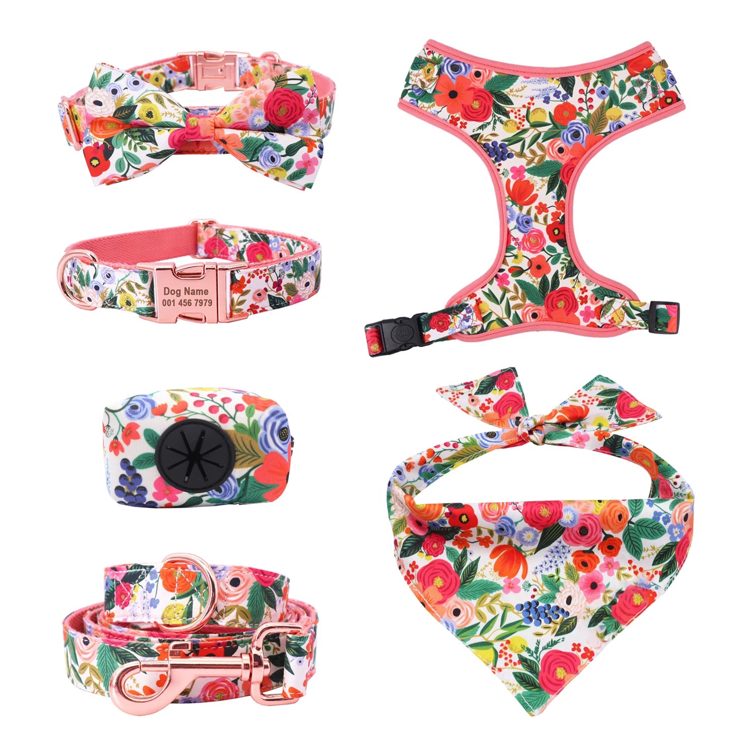 Classical Floral Dog Harness, Collar Flower Matching leash, Bandana, Shampoo Bag with Personalized Name, Telphone