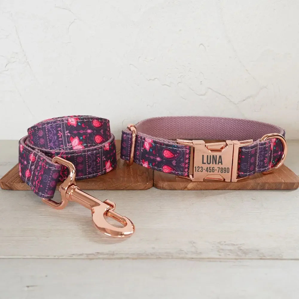 Personalized Dog Collar with Free Engraving, Matching Pet Leash,Customzied Contacts Metal Buckle, Purple Lotus Pet Collar