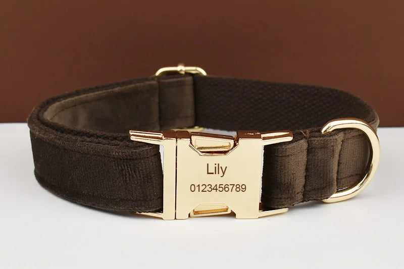 Dark Brown Velvet Dog Collar And Leash Set For Dogs Custom Engraved Nameplate Pet Supplies Dog Leash Velvet11