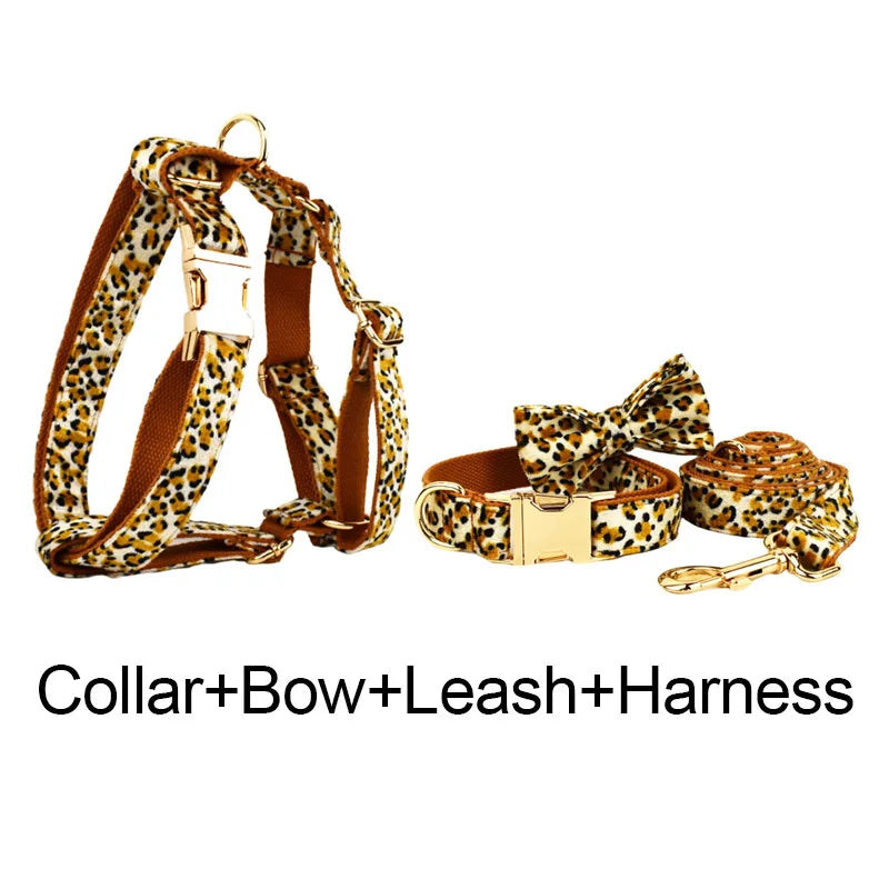 New Arrival Customized Designer Logo Leopard Print on Brown Base Soft Cotton Dog Collar Leashes Harness Poo Bag Holder Animal 01