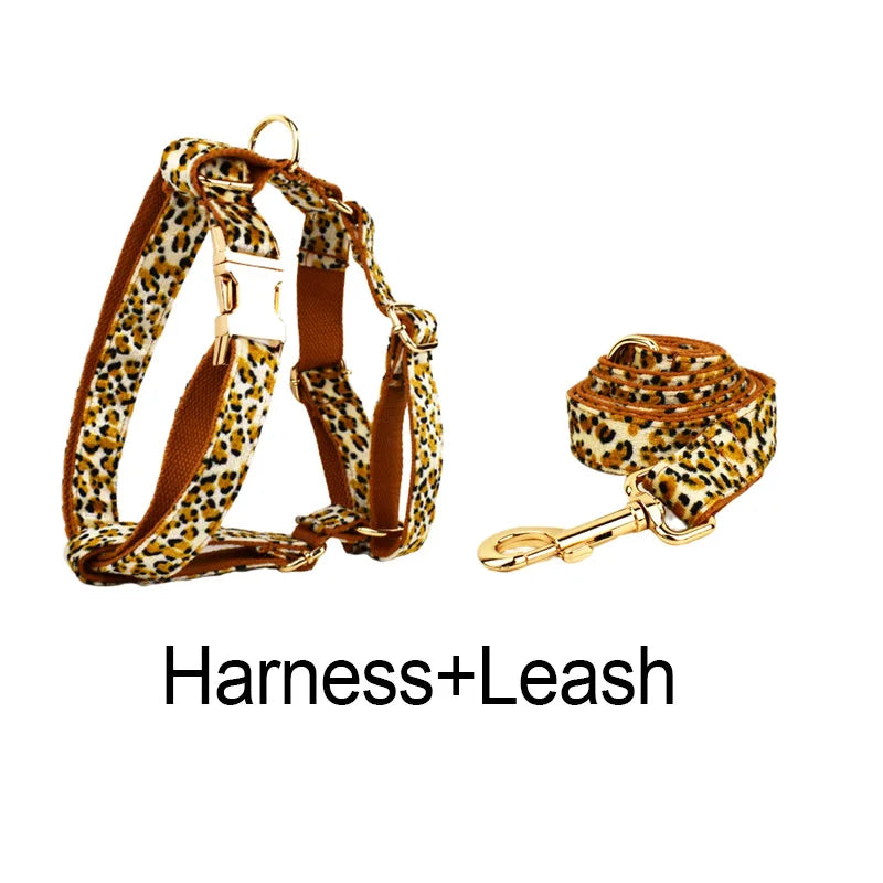 New Arrival Customized Designer Logo Leopard Print on Brown Base Soft Cotton Dog Collar Leashes Harness Poo Bag Holder Animal 01