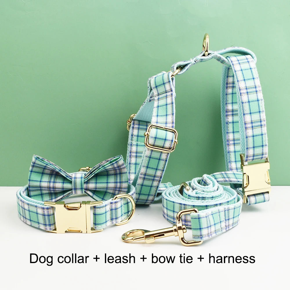 Water Green Plaid Dog Collar, Leash, and Harness Set