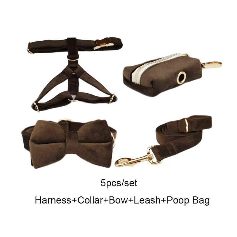 Dark Brown Velvet Dog Collar & Leash Set