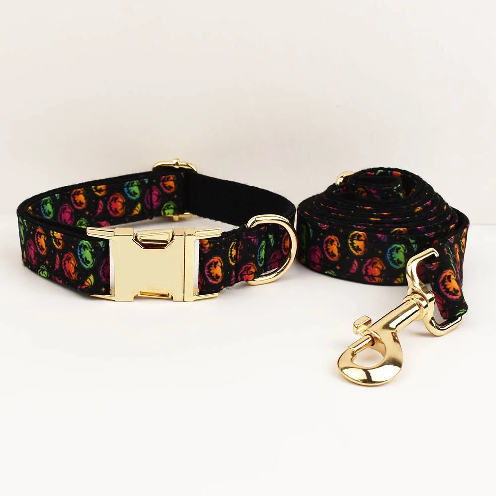New Halloween Colorful Pumpkin Pet Dog Collar Adjustable Harness Neck Ring Bowknot Engravable Set for Small and Medium Dogs