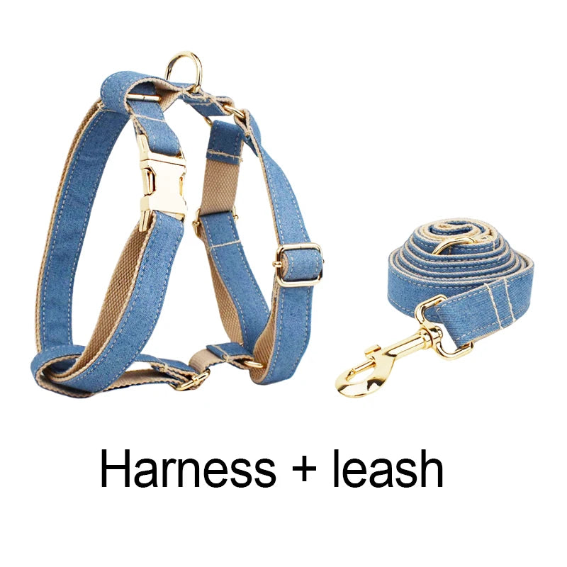 High Quality Pet Accessories Customized Designer Bare bottom denim Dog Collar Leashes Printing Dog Harness