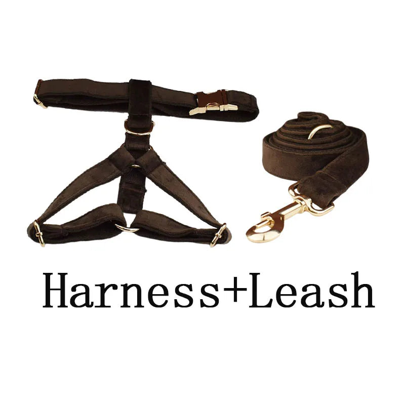 Dark Brown Velvet Dog Collar And Leash Set For Dogs Custom Engraved Nameplate Pet Supplies Dog Leash Velvet11