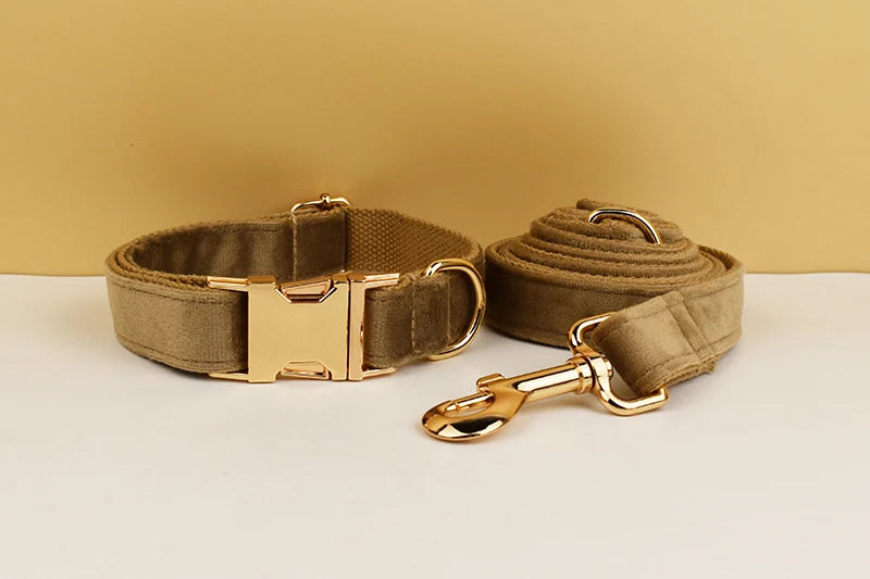 Shallow khaki Velvet Dog Collar And Leash Set For Dogs Custom Engraved Nameplate Pet Supplies Dog Leash Velvet 19