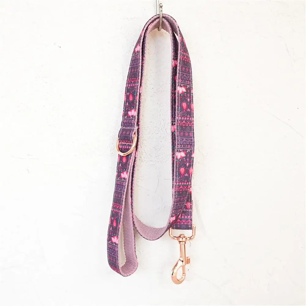 Personalized Dog Collar with Free Engraving, Matching Pet Leash,Customzied Contacts Metal Buckle, Purple Lotus Pet Collar