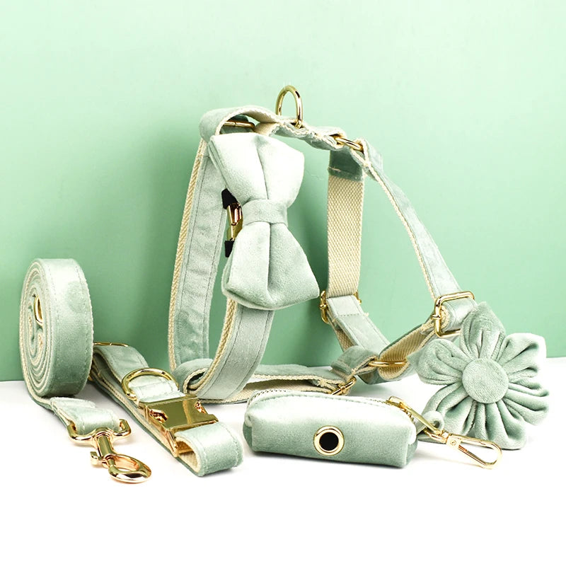 Mint Green Velvet Dog Collar And Leash Set For Dogs Custom Engraved Nameplate Pet Supplies Dog Leash Velvet 17