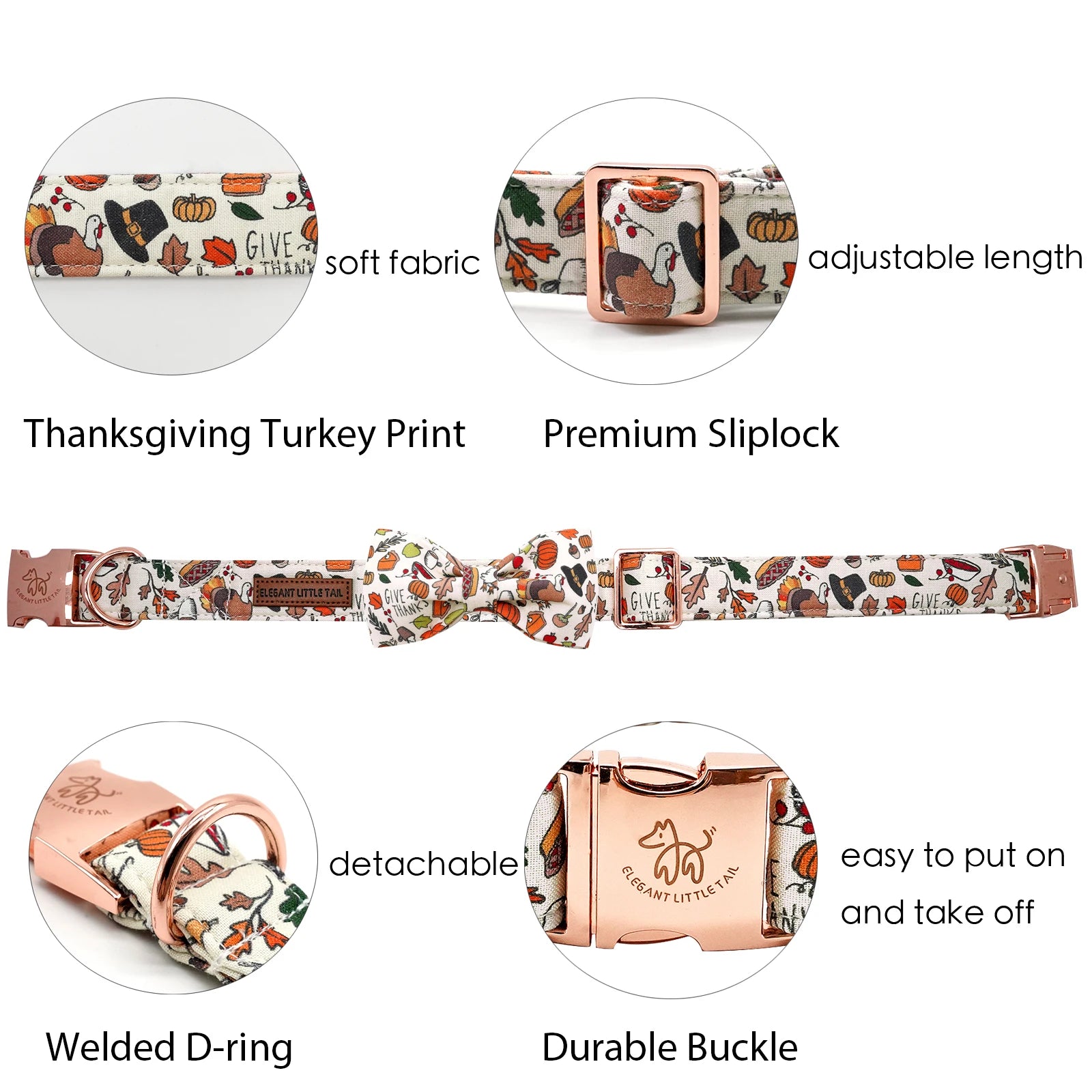 Elegant little tail Dog Collar with Bow - Fall Dog Collar Bow Thanksgiving Turkey Bow Girl Boy Pet Collar Soft Dog Bowtie Collar