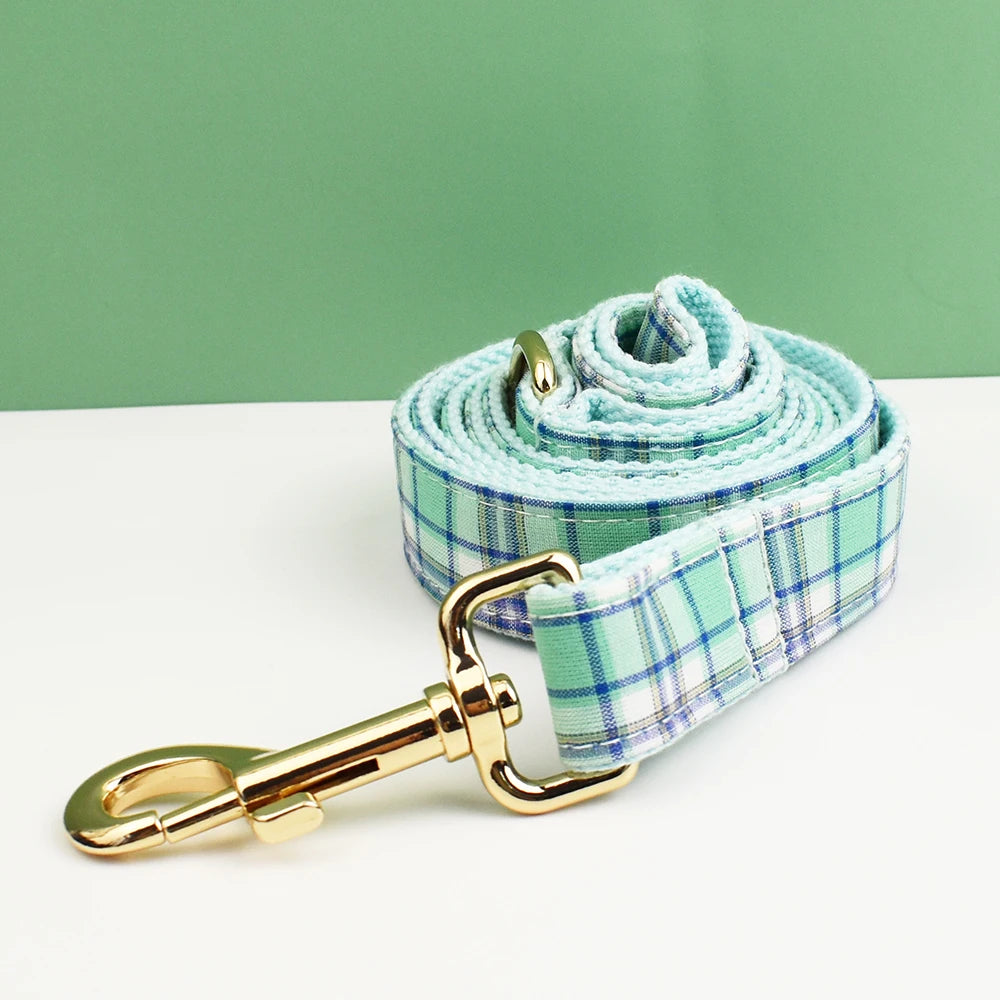 Water Green Plaid Dog Collar, Leash, and Harness Set
