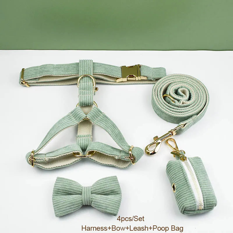 Light Green Corduroy Dog Collar And Leash Set For Dogs Custom Engraved Nameplate Pet Supplies Dog Leash Corduroy03