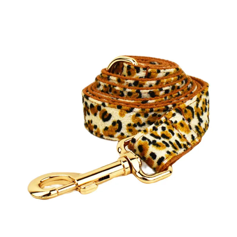 New Arrival Customized Designer Logo Leopard Print on Brown Base Soft Cotton Dog Collar Leashes Harness Poo Bag Holder Animal 01