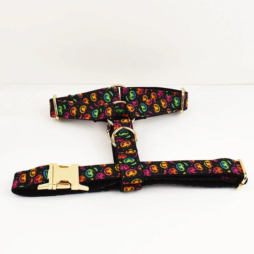 New Halloween Colorful Pumpkin Pet Dog Collar Adjustable Harness Neck Ring Bowknot Engravable Set for Small and Medium Dogs