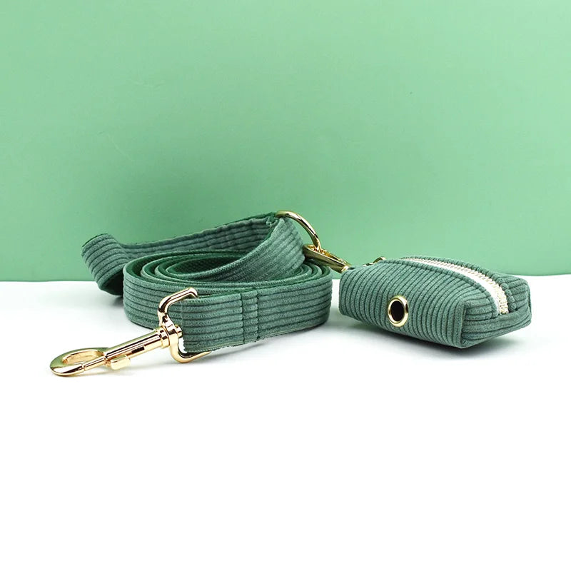 Dark Green Corduroy Dog Collar & Leash Set