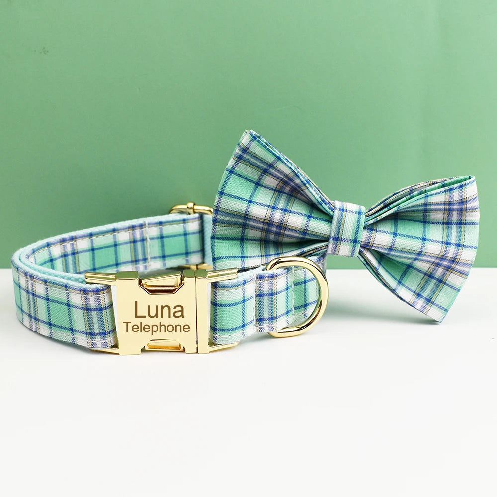 Water Green Plaid Dog Collar, Leash, and Harness Set