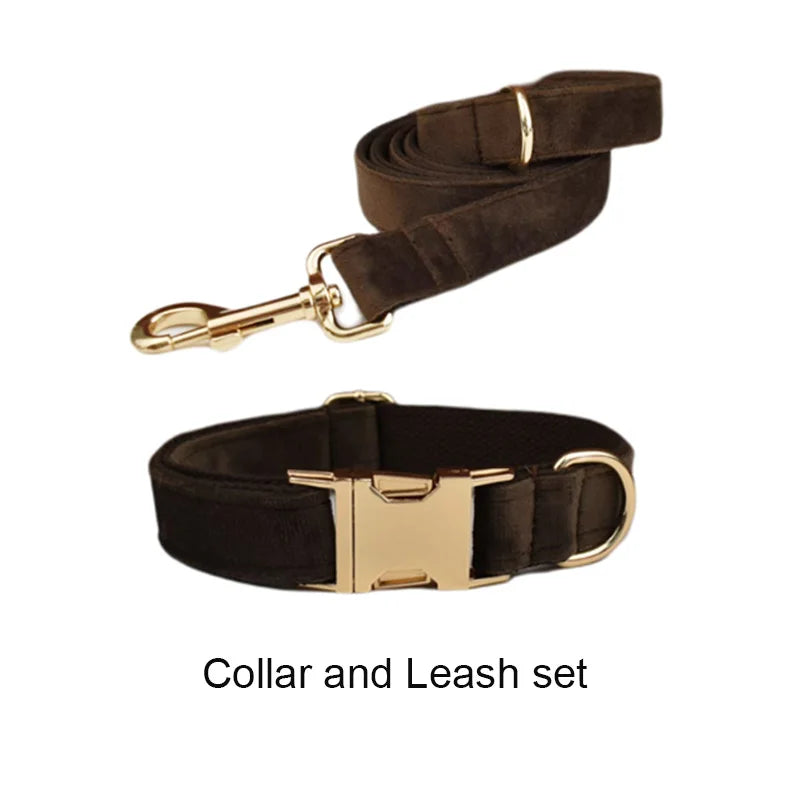 Dark Brown Velvet Dog Collar And Leash Set For Dogs Custom Engraved Nameplate Pet Supplies Dog Leash Velvet11