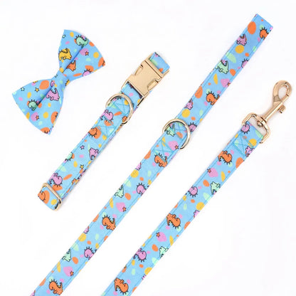 Bright Dino Collar, Bow Tie, and Leash