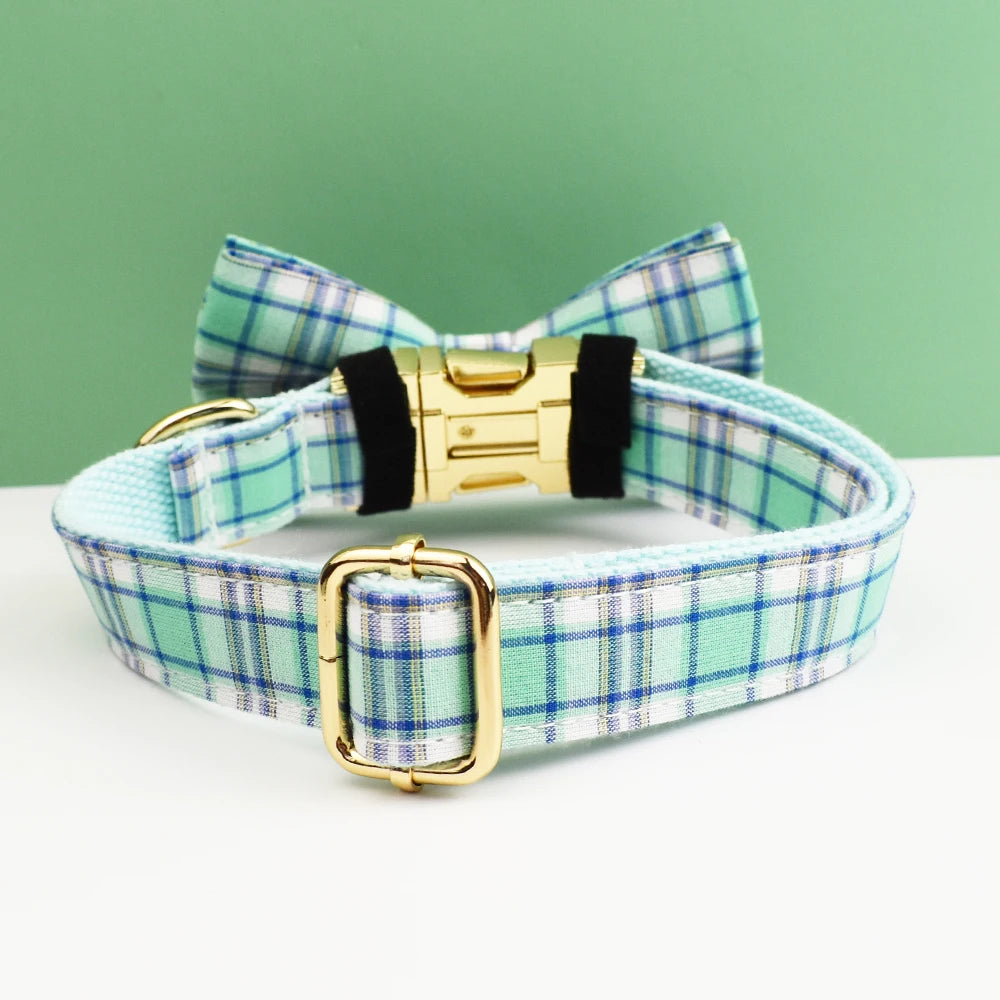 Water Green Plaid Dog Collar, Leash, and Harness Set