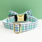 Lake Water Green Plaid Dog Collar And Dog Leash and Harness with Custom Engraved Nameplate Personalized Pet Supplies for Dogs