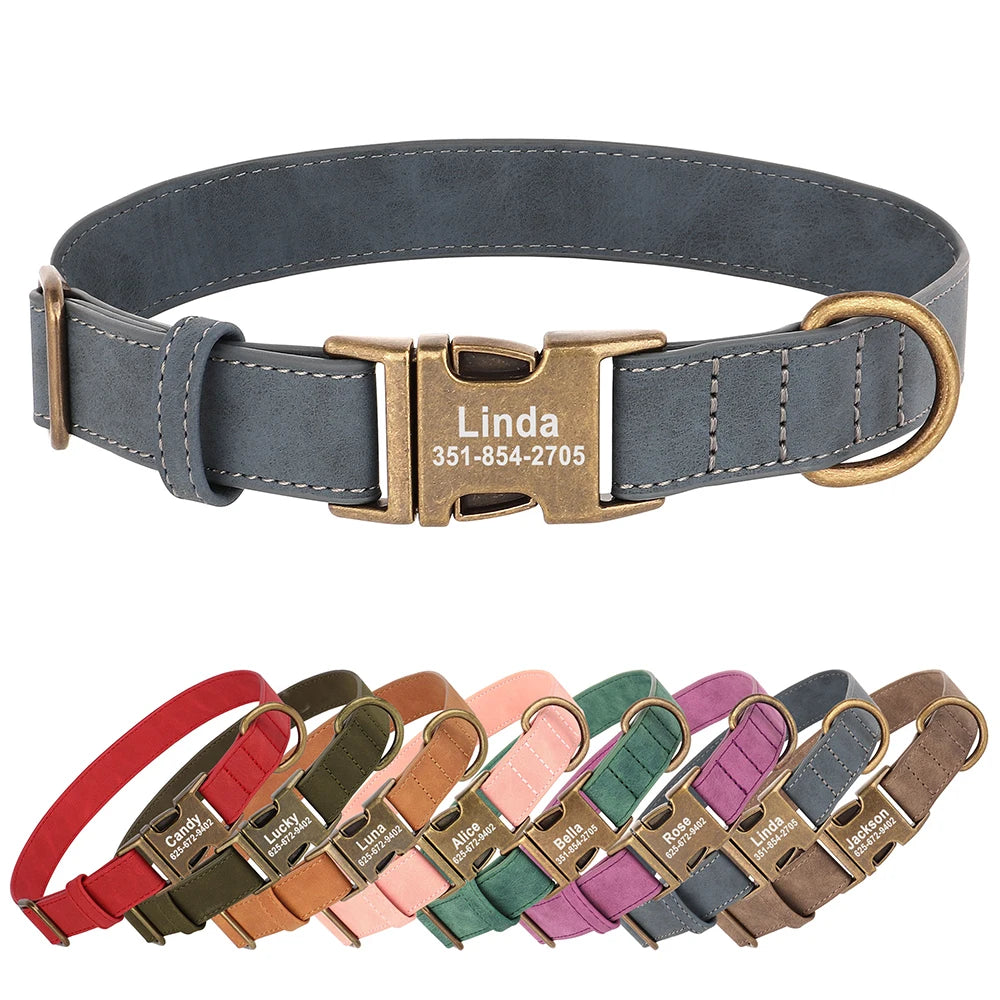 PU Leather Dog Collar with Engraved ID Tag