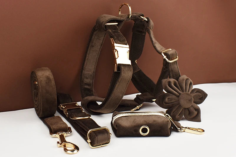 Dark Brown Velvet Dog Collar And Leash Set For Dogs Custom Engraved Nameplate Pet Supplies Dog Leash Velvet11