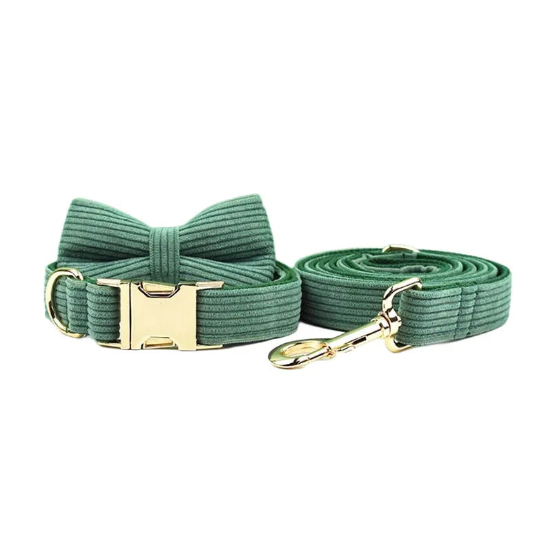 Dark Green Corduroy Dog Collar And Leash Set For Dogs Custom Engraved Nameplate Pet Supplies Dog Leash Corduroy04