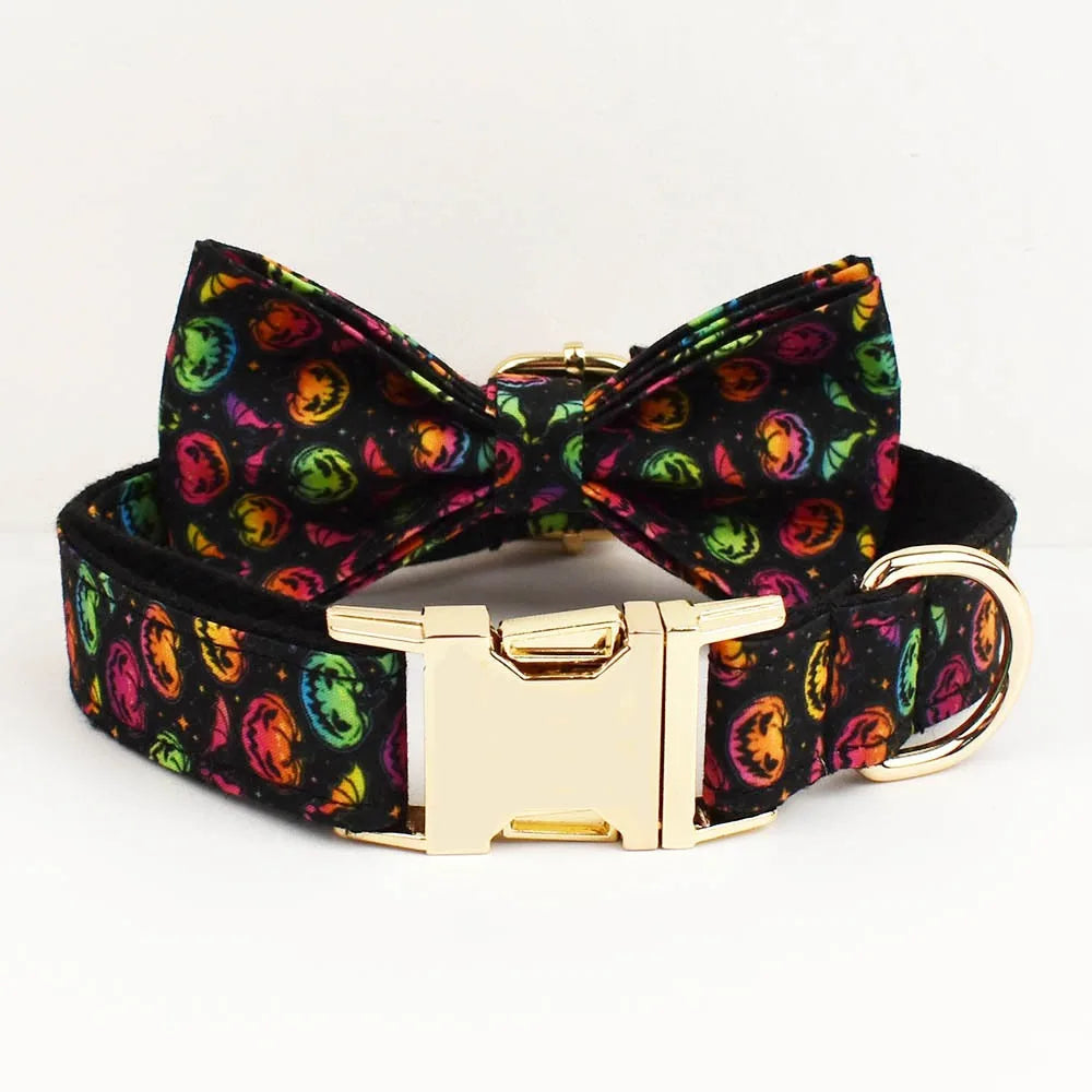 New Halloween Colorful Pumpkin Pet Dog Collar Adjustable Harness Neck Ring Bowknot Engravable Set for Small and Medium Dogs